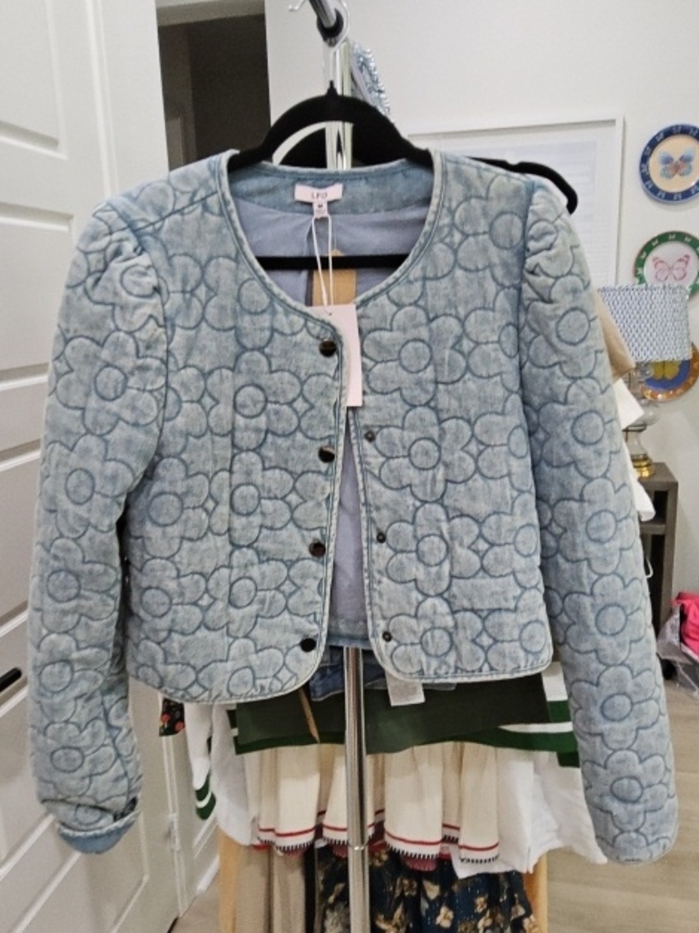 Light Blue Quilted Floral Jean Jacket - Women
